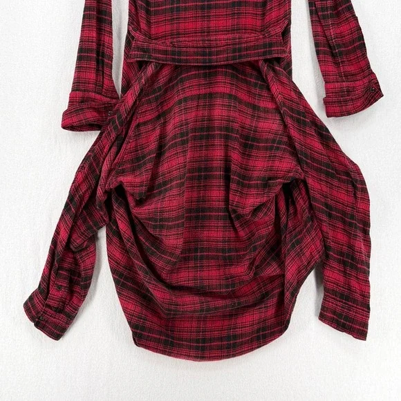 R13 Tie Flannel Midi Shirt Dress Women XS Red Black Plaid Grunge Asymmetric - Picture 9 of 16